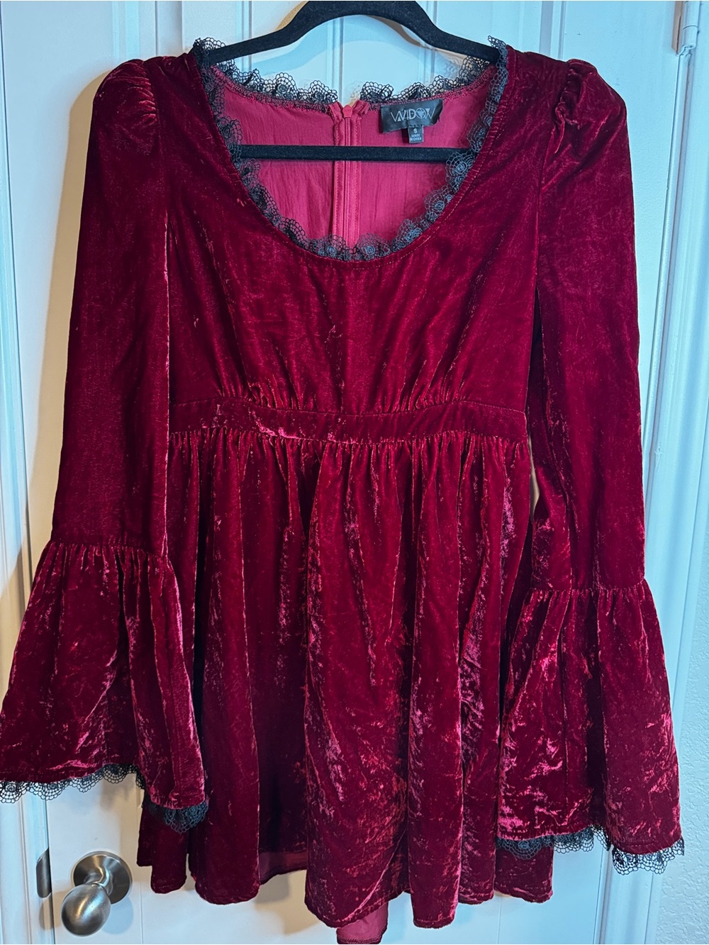 Widow velvet Dress Womens S Burgundy Red Black Lace Bell Sleeve Gothic witchy